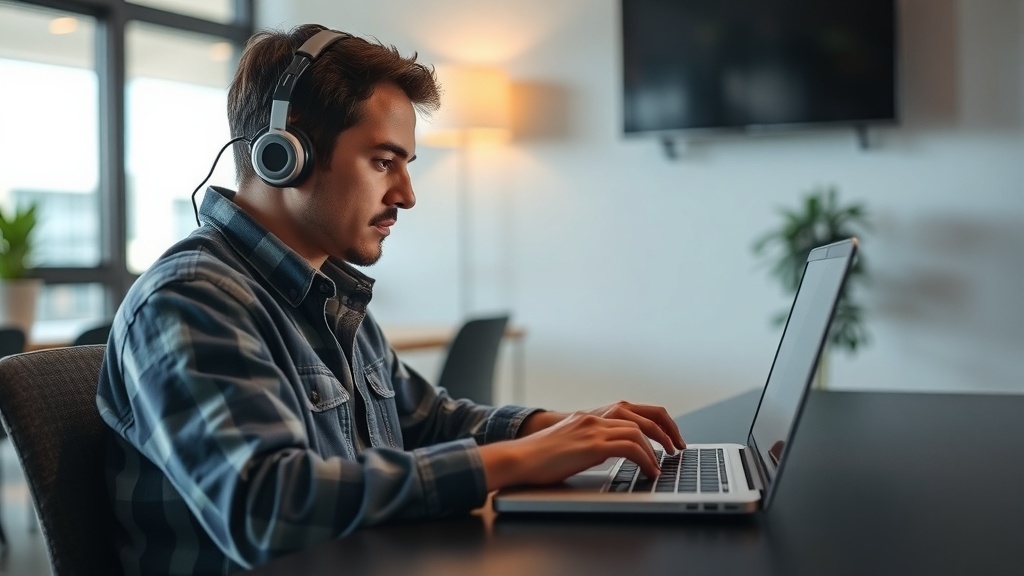 A focused individual wearing headphones, working on a laptop in a modern workspace.