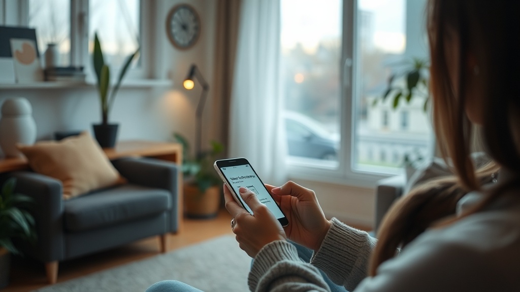 A person testing an app on their smartphone while sitting in a cozy living room.