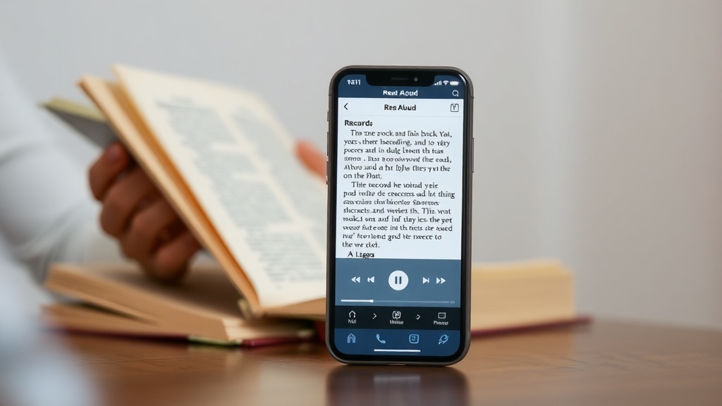 A smartphone displaying a reading app while a person holds a book, illustrating the concept of recording read-aloud sessions.