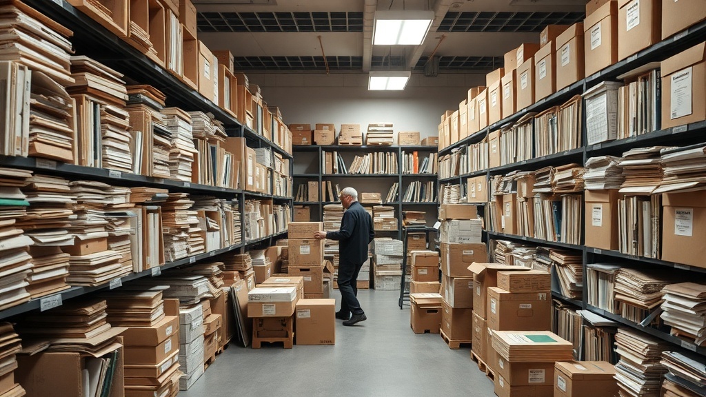 An archivist organizing documents in a storage room filled with shelves of boxes and papers.