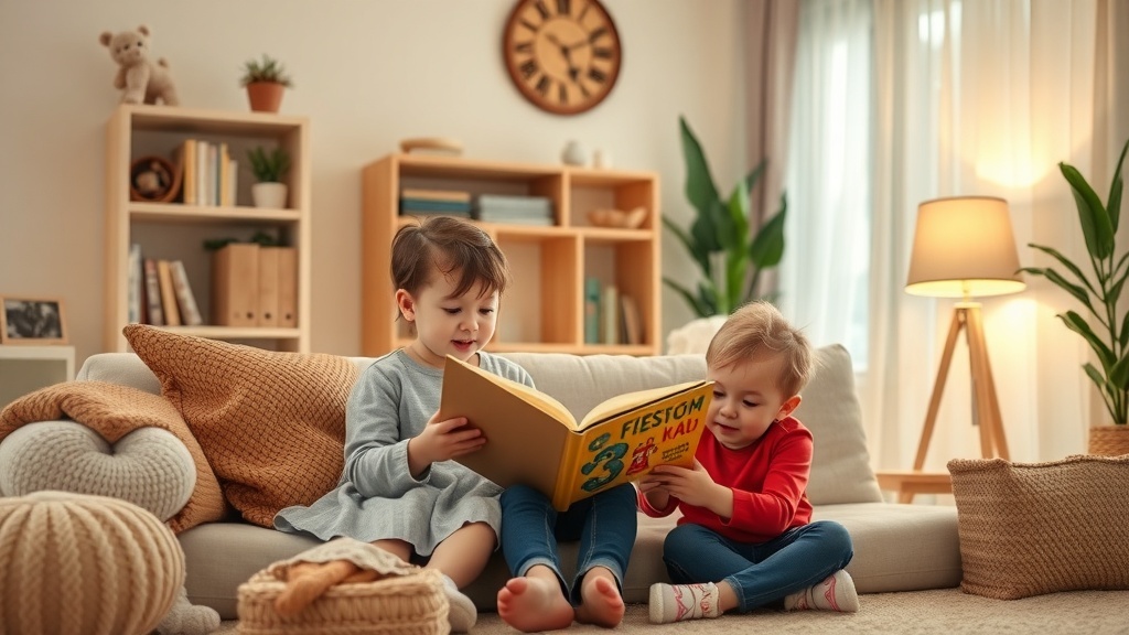 Two children reading a book together on a couch in a cozy living room.