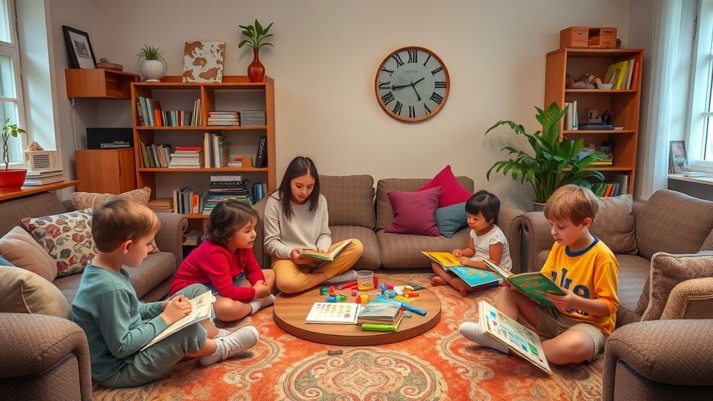 A caregiver reading with children in a cozy living room setting.