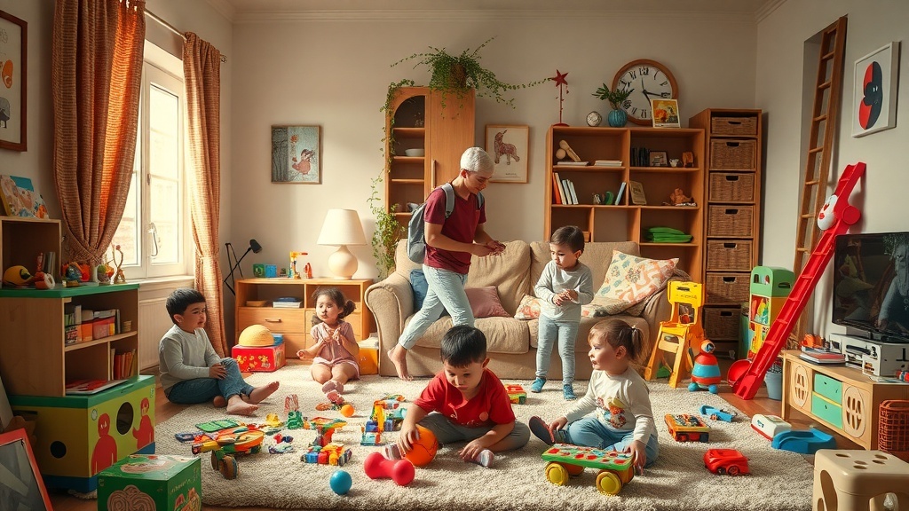 A cozy living room with children playing and a teenager supervising them