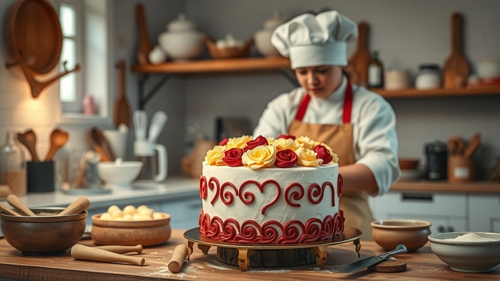 A baker decorating a cake with roses in a cozy kitchen setting.