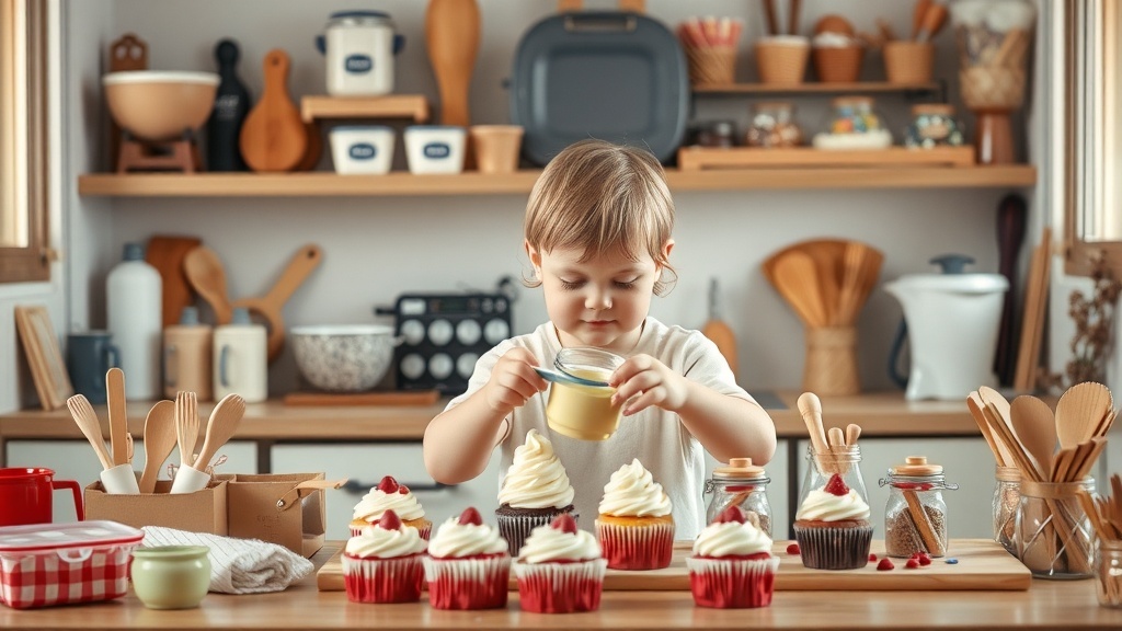 A child decorating cupcakes in a cozy kitchen.
