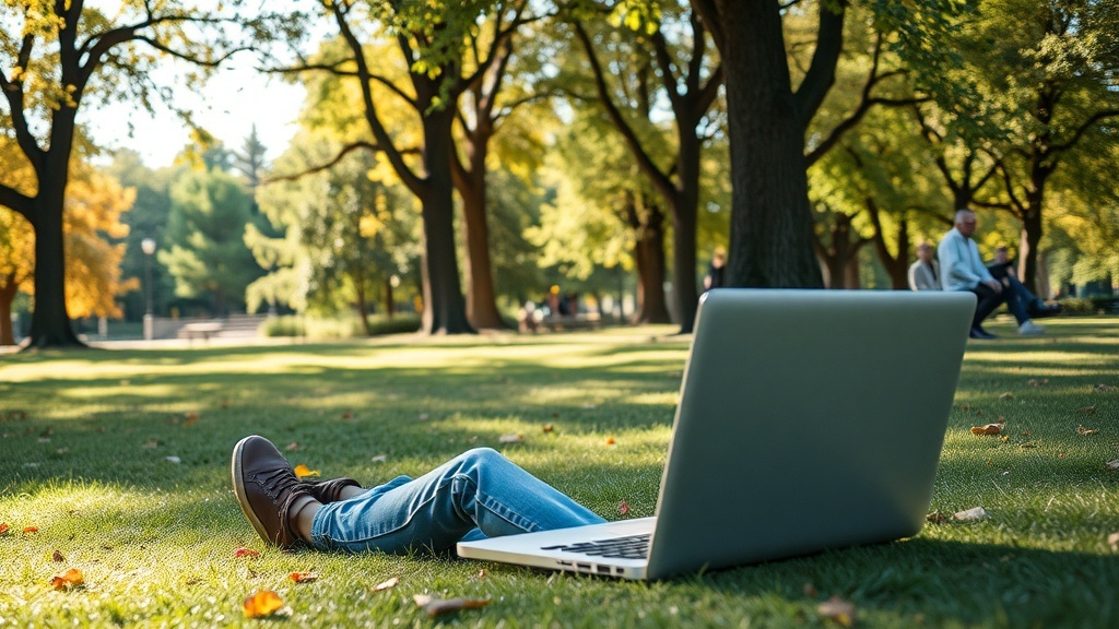 A person relaxing on the grass with a laptop in a park, symbolizing work-life balance.