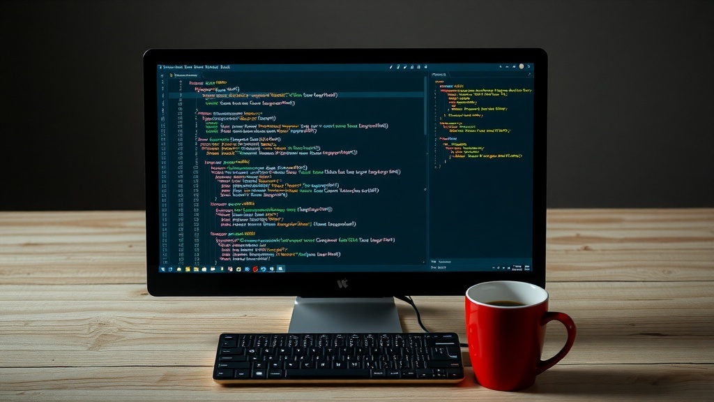 A computer screen displaying colorful code snippets with a red coffee mug in front.