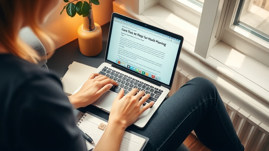 A cozy workspace with a laptop, coffee, and a notebook, ideal for blogging.