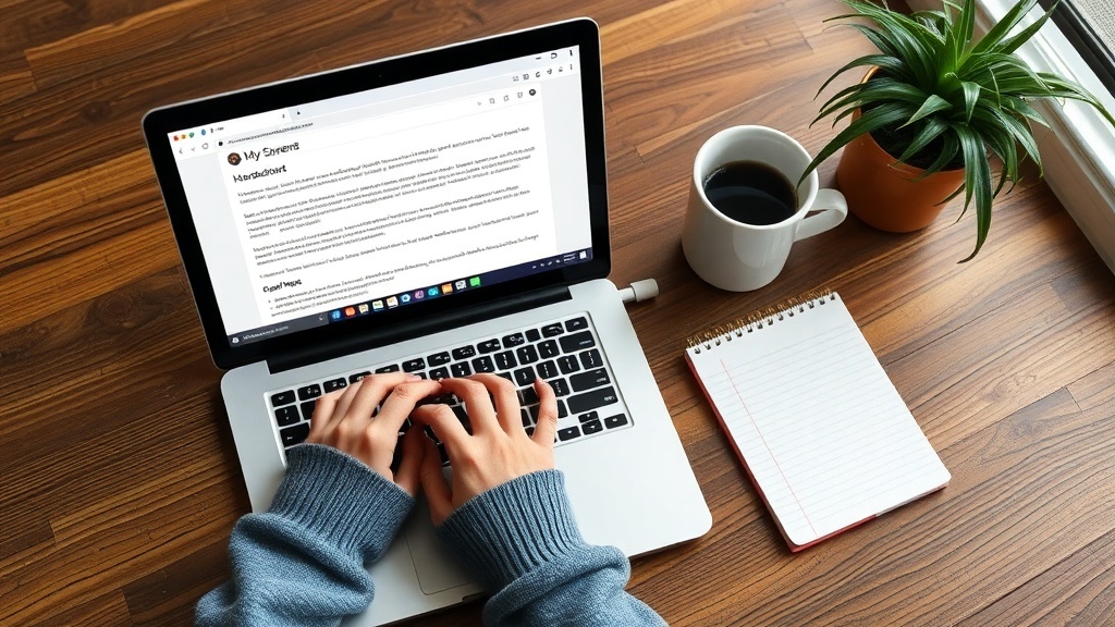 A person typing on a laptop with a cup of coffee and a notepad on a wooden table.