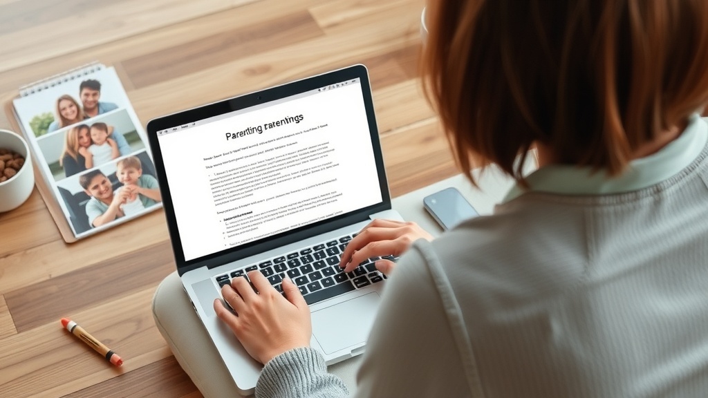 A mom typing on a laptop with family photos in the background, illustrating the concept of blogging about parenting.