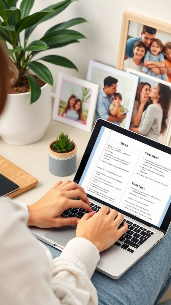 A person typing on a laptop with family photos in the background.