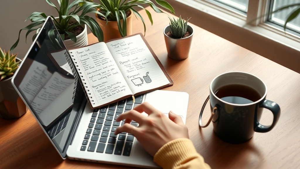 A cozy workspace featuring a laptop, a notebook with handwritten notes, and a cup of tea, surrounded by plants.