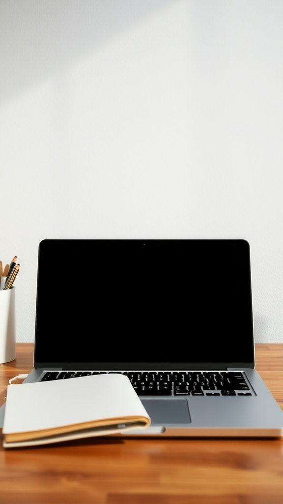 A laptop and a notebook on a wooden desk, symbolizing blogging and content creation.