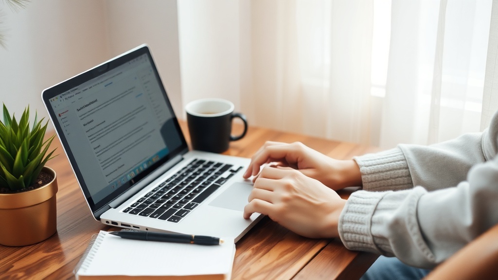 A person typing on a laptop at a wooden desk with a coffee cup and a notepad.