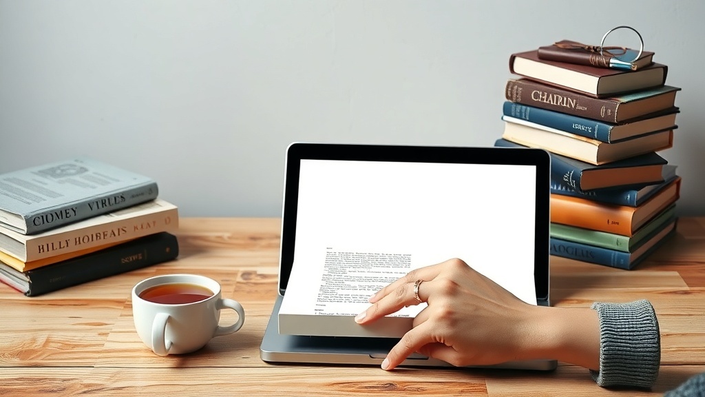 A cozy workspace featuring a laptop, a cup of tea, and a stack of books, ideal for blogging.