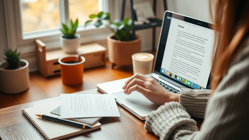 A cozy workspace with a laptop, notes, and plants, representing blogging for profit.
