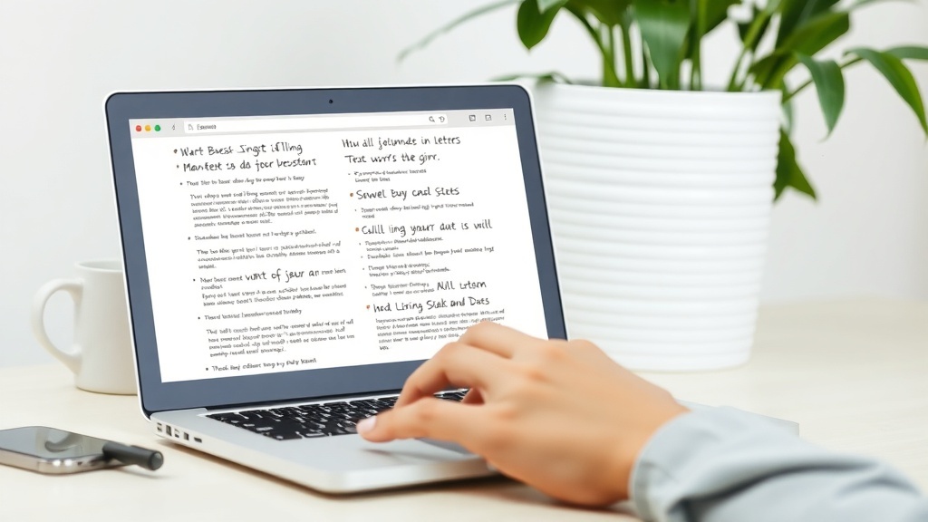 A person writing on a laptop with notes on the screen, surrounded by a plant and a coffee cup.