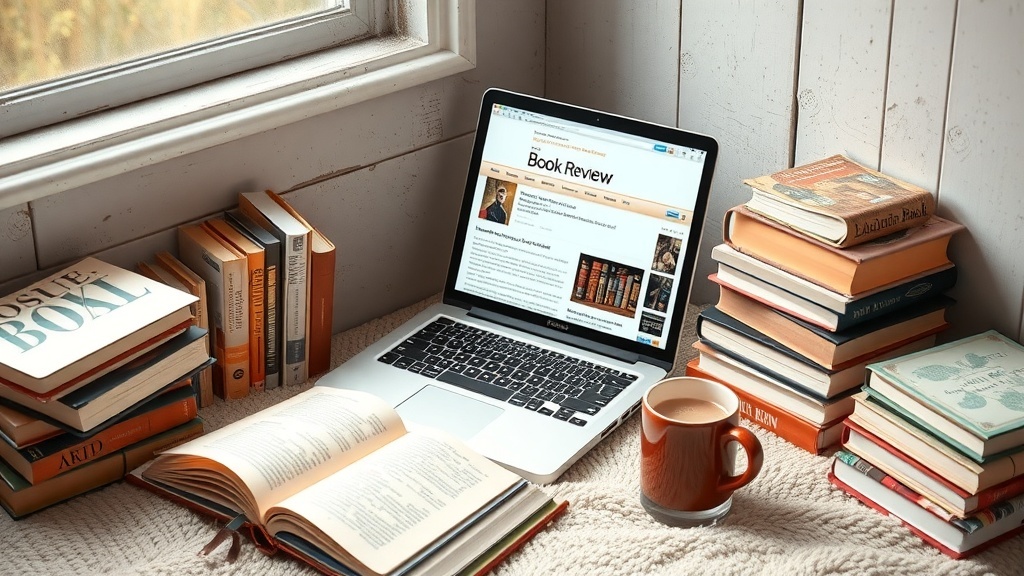 A cozy reading nook with a laptop showing a book review site, surrounded by books and a cup of coffee.