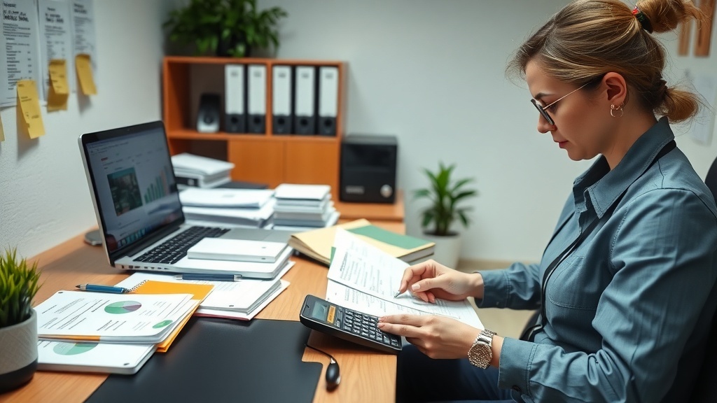 A focused individual working on bookkeeping tasks at a desk with a laptop, documents, and a calculator.