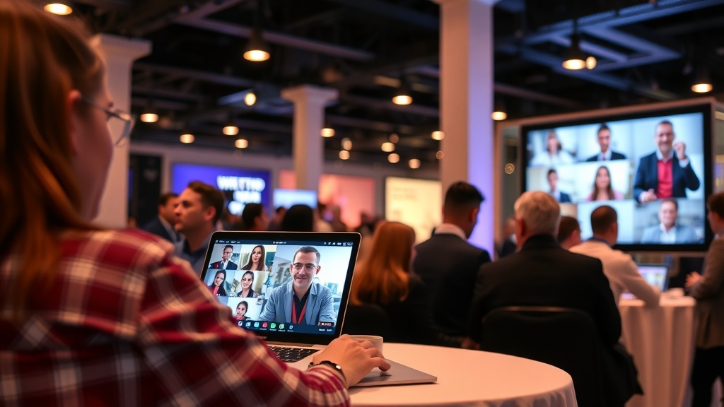 A person participating in a virtual meeting with multiple attendees displayed on a laptop screen.