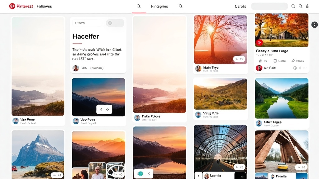 A Pinterest interface displaying various pins related to travel, nature, and lifestyle.