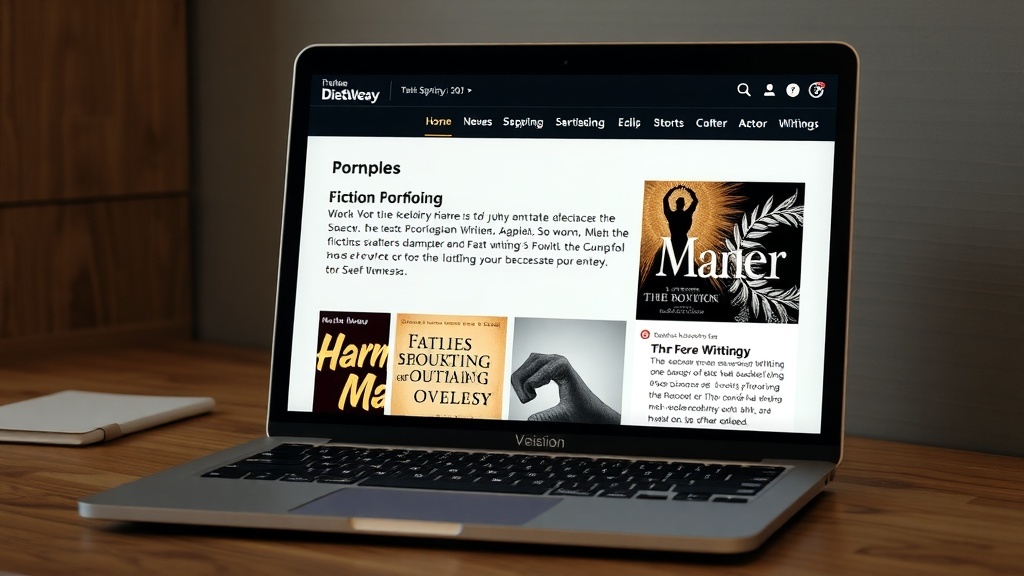 A laptop displaying a writing platform with various fiction stories.