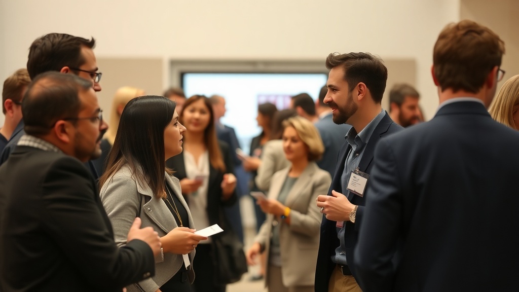 A group of professionals networking at an event, exchanging ideas and business cards.