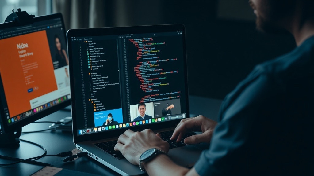 A person working on a laptop, coding or designing a niche website, with another screen showing a website layout.