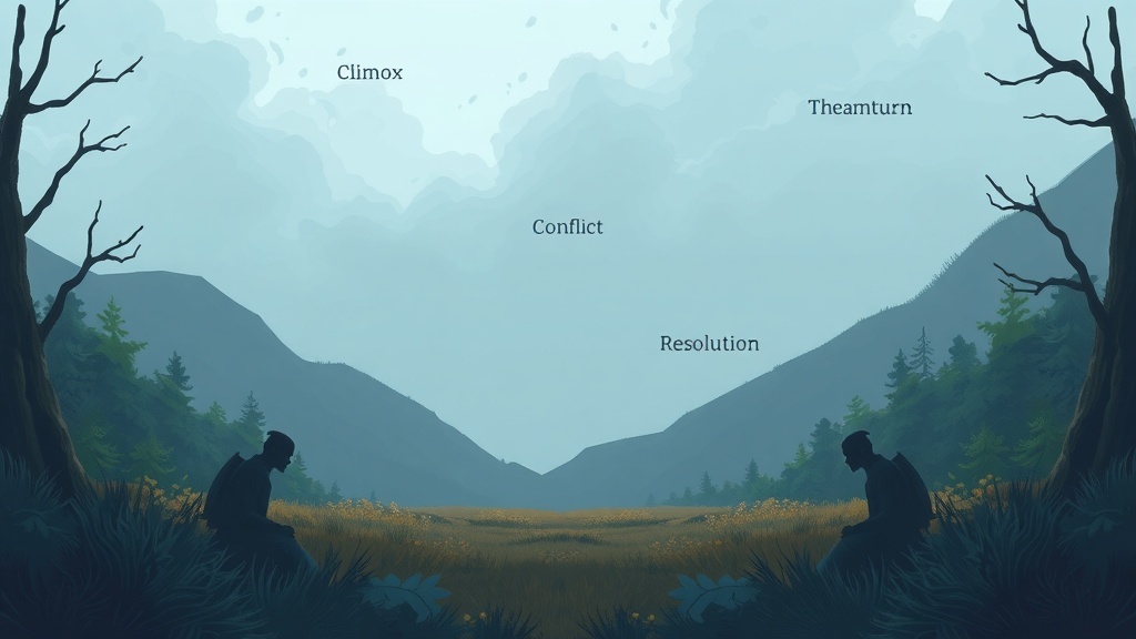 An illustration showing the structure of a story with elements like Climax, Conflict, Resolution, and Theme Turn.