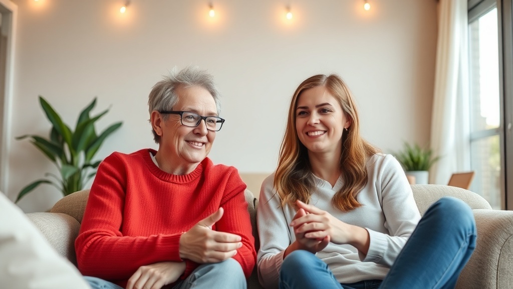 Two people sitting together, smiling and enjoying a conversation in a cozy setting.