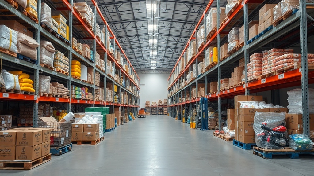 A spacious warehouse filled with shelves of food supplies, showcasing bulk food items organized for easy access.