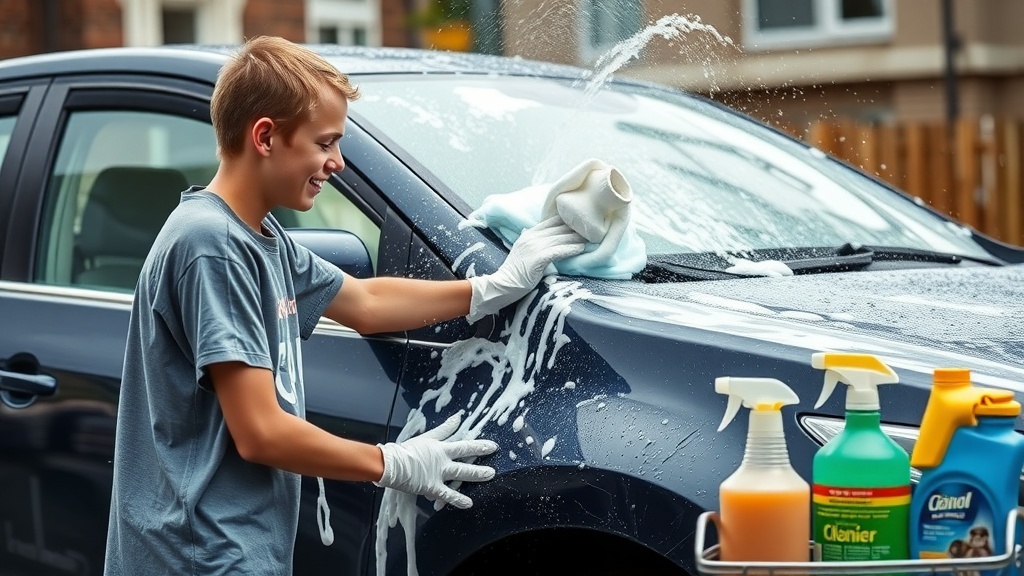 Teenager washing a car with cleaning supplies around him