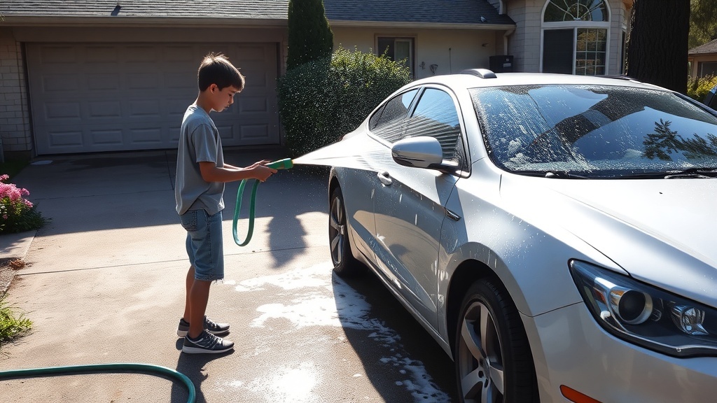 A teenager washing a car with a hose in a driveway