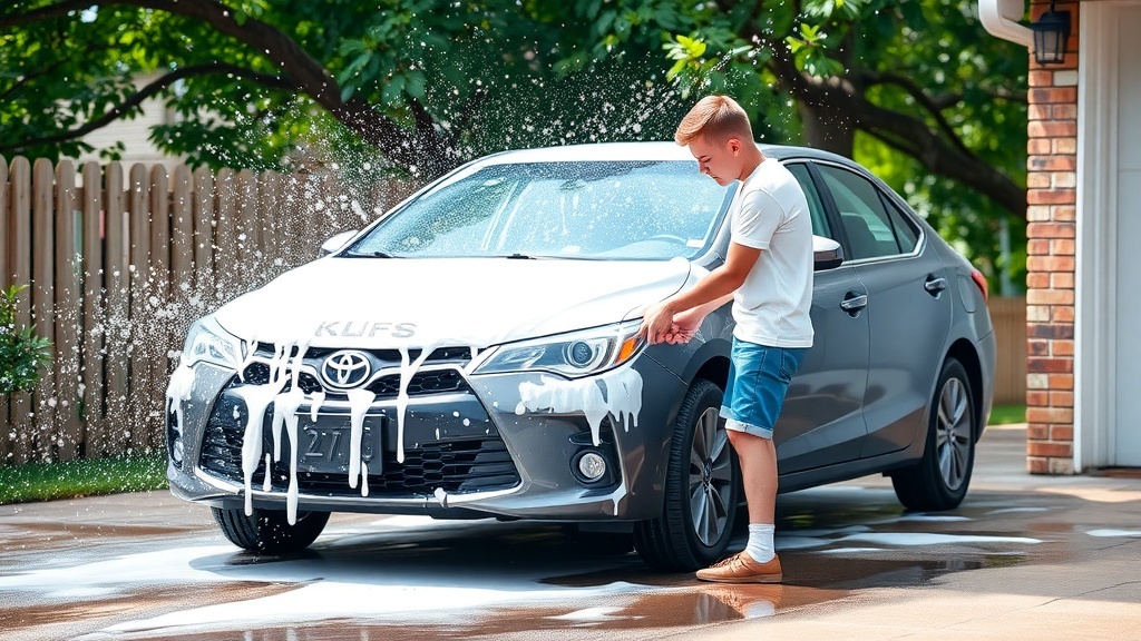 A teenager washing a car with soap and water, enjoying the process.