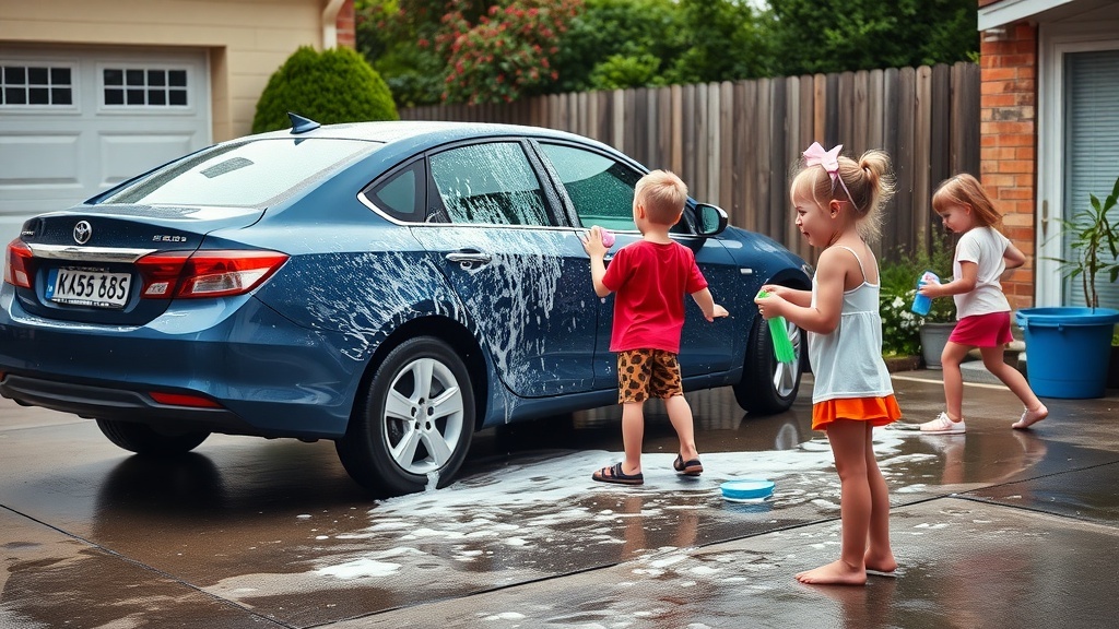 Kids washing a car with soap and water, having fun outdoors.