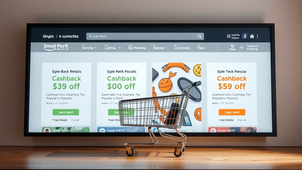 A digital screen displaying cashback offers with a shopping cart in front.