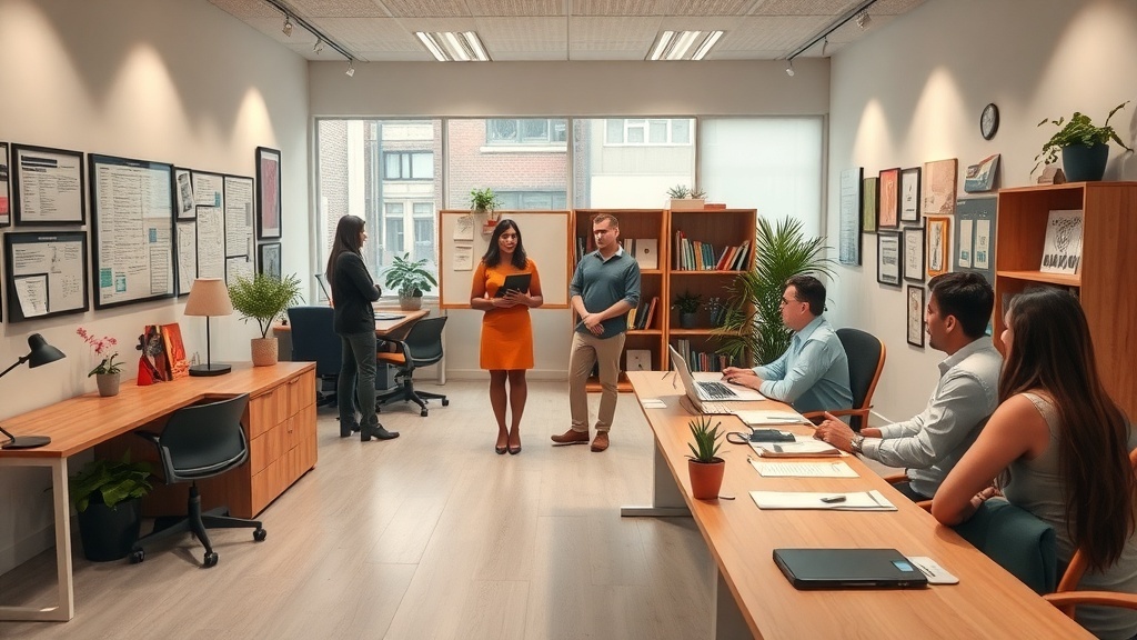 A modern office with professionals discussing in a bright setting, symbolizing charitable foundations.