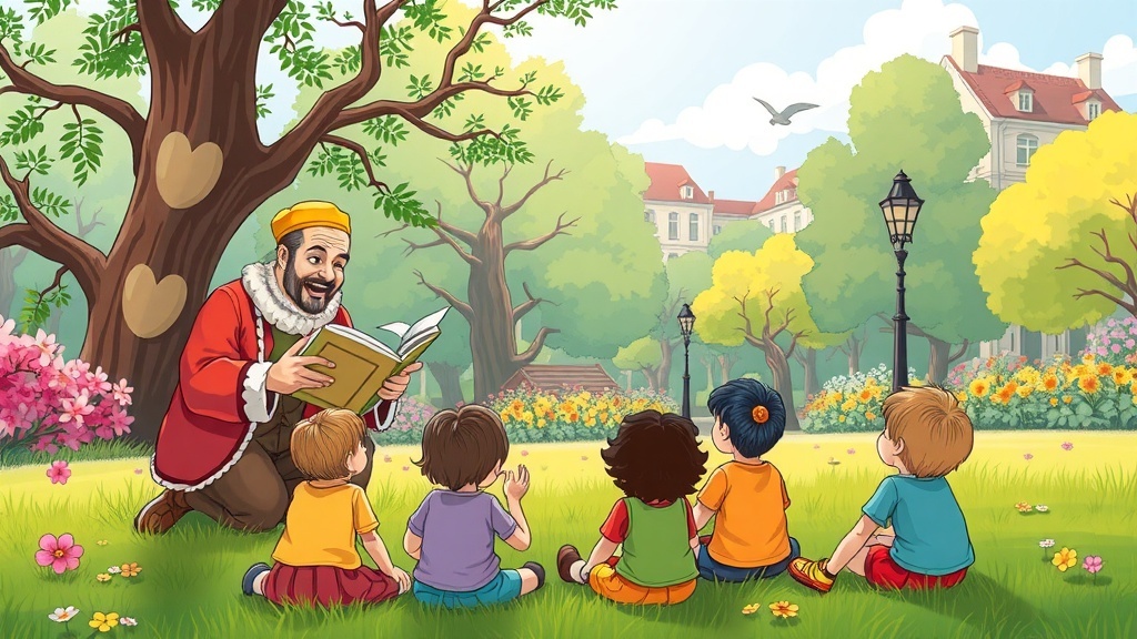 A storyteller reading to children in a park, surrounded by trees and flowers.