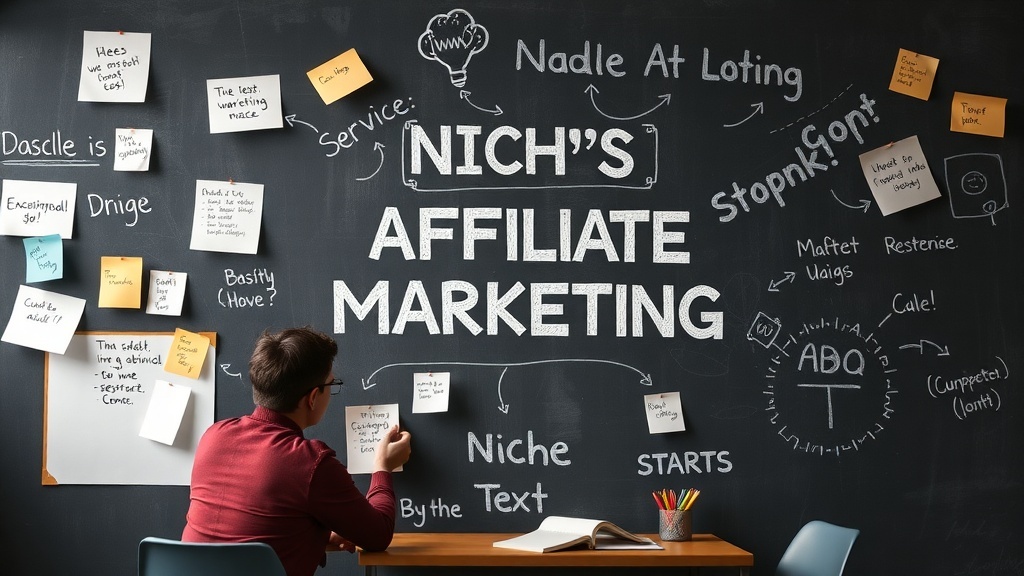 A person brainstorming ideas on a chalkboard for affiliate marketing, filled with notes and strategies.