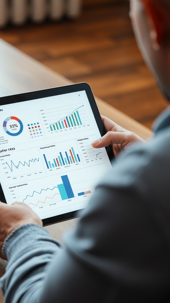 A person analyzing data on a tablet, showing graphs and charts.