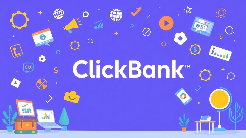 ClickBank logo with various digital marketing icons