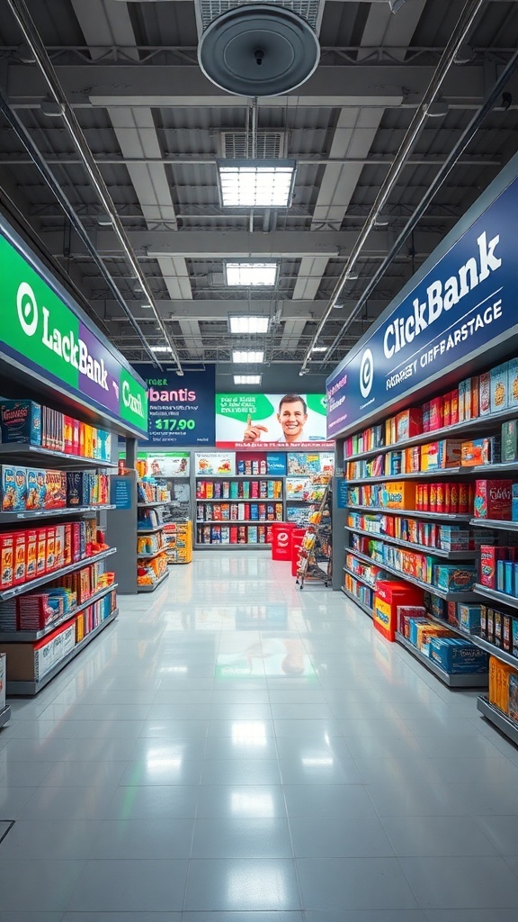 A view of a store aisle showcasing ClickBank products with colorful packaging and signage.