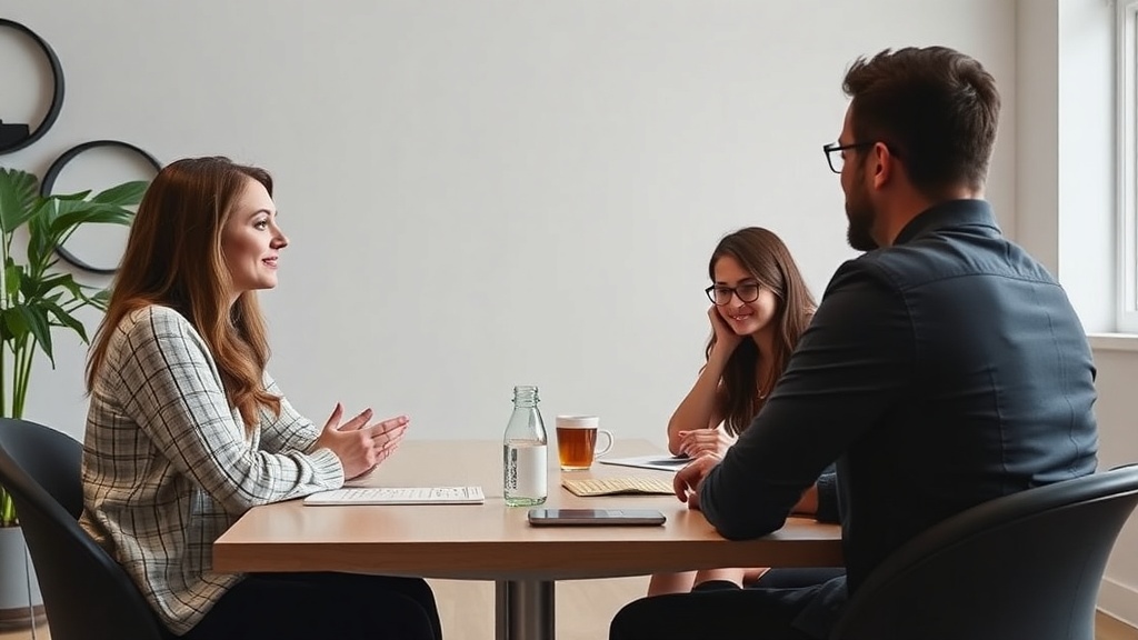A meeting with three people discussing ideas around a table, representing collaboration for sponsored content.