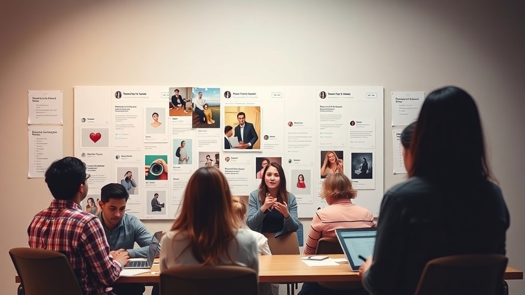 A group of people collaborating in a meeting with Pinterest boards in the background.