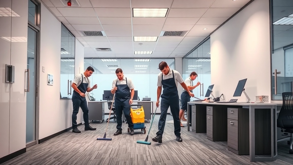 A team of commercial cleaners working in an office, focused on cleaning tasks.