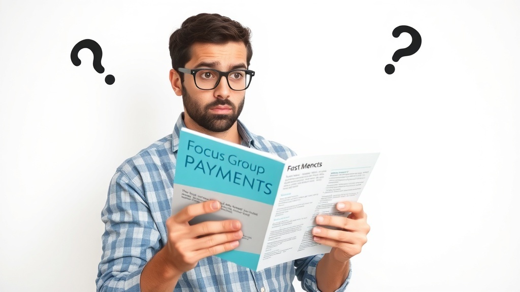 A man looking confused while reading a document about focus group payments.