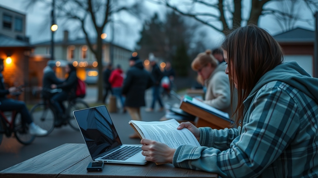 A person working on a laptop outdoors, surrounded by people engaged in various activities.