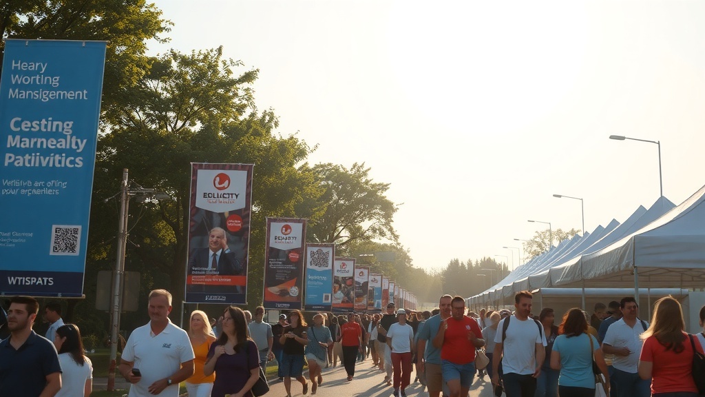 A community fundraising event with people walking among tents and banners.