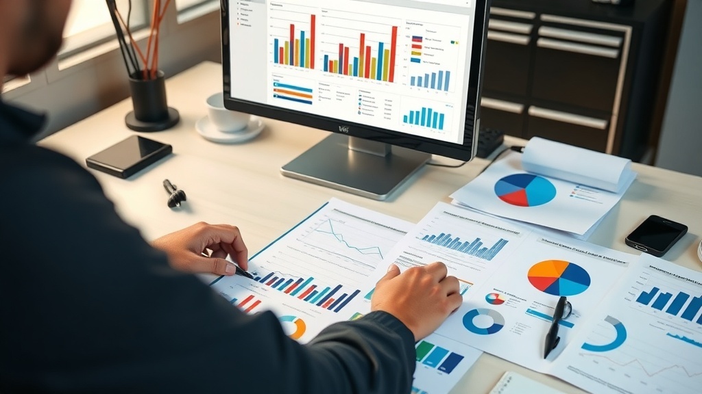 A person analyzing market research data on a computer and printed papers with charts and graphs.