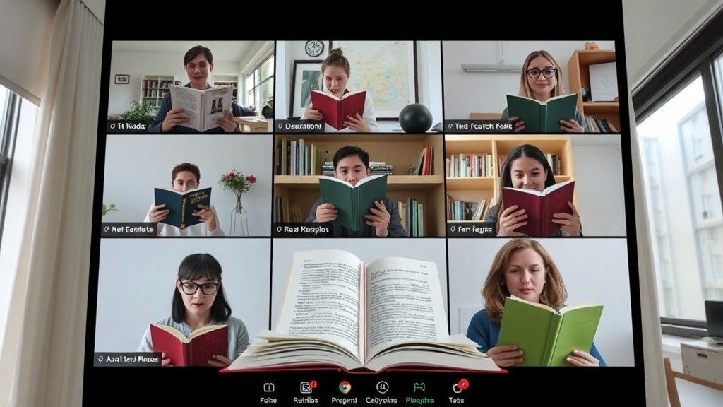 A virtual book discussion with multiple participants reading and engaging in conversation.